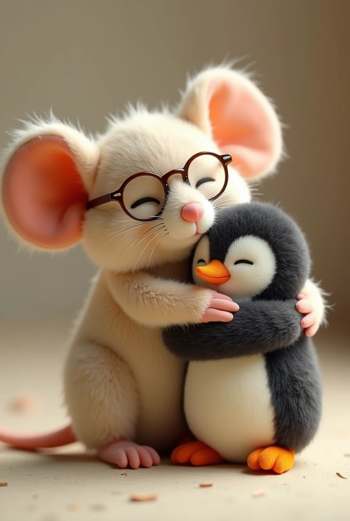 A stuffed mouse wearing glasses hugging a stuffed penguin with its eyes closed.