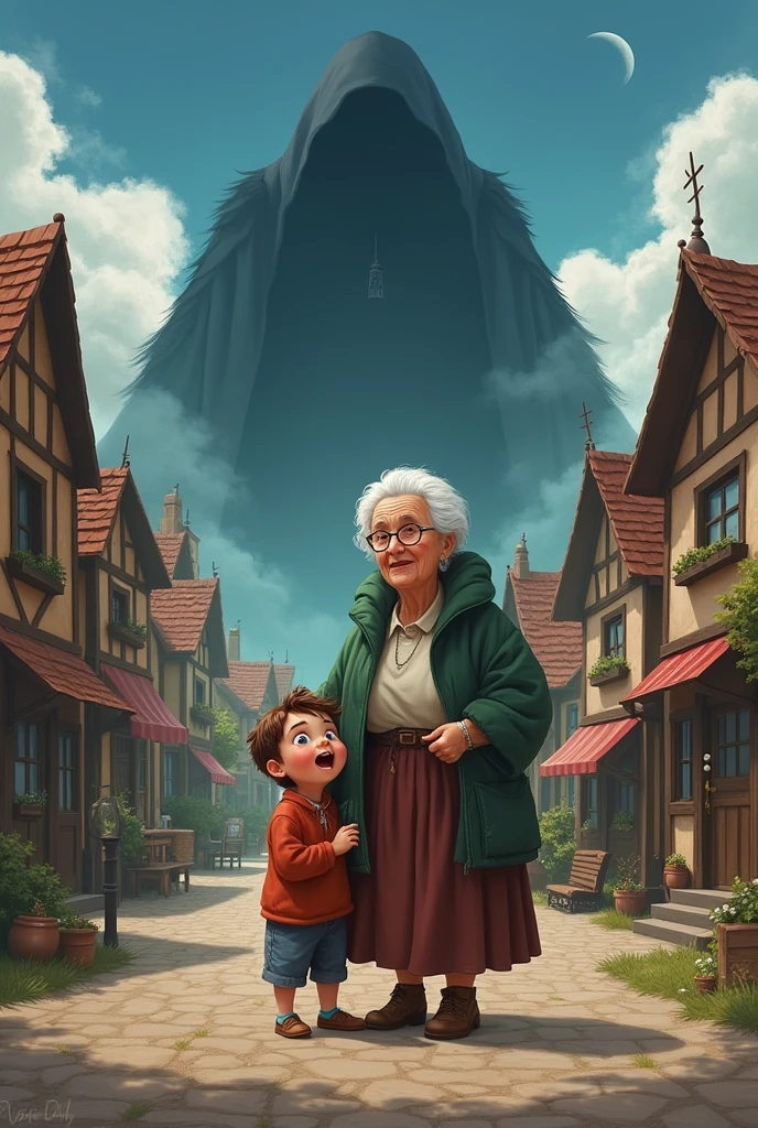 Make an image where in a town a shadow came that was violence and a child witnessing what that shadow was doing was afraid, but thanks to his grandmother I can make the town return to total joy, because that shadow caused everyone to fight.