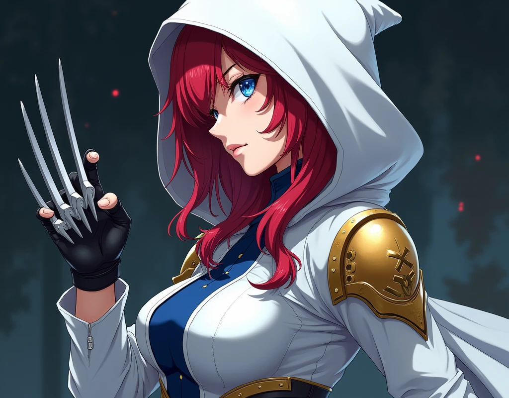 Make me an anime style image of a red haired, blue eyed female assassin wearing a white hood and a white long sleeved church assassin outfit with black gloves and a blue corset, Make him wear a gauntlet on his left hand that has wolverine-style blades coming out of it., Add a gold-colored shoulder pad on the right shoulder, Take a profile picture and add a dramatic background, has shoulder length hair.