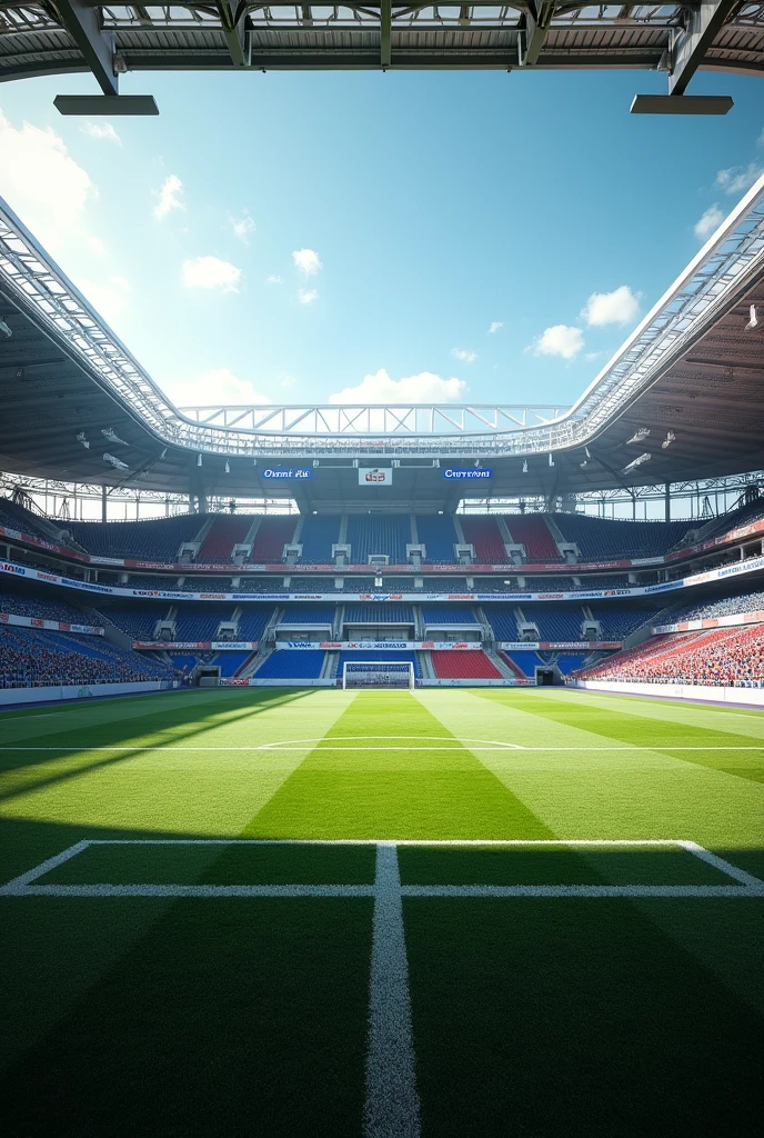 I want a stadium with stands that have a clear view of the goal, as if you were about to take a penalty kick, but without any goalkeeper or ball.