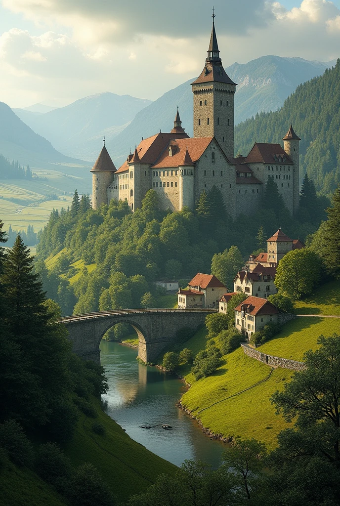 Create a realistic and detailed image of a 17th-century Hungarian landscape, highlighting the natural and architectural beauty of the era. The scene should include a vast rural setting, with verdant hills and open fields, Typical Hungarian landscape features. En el centro de la imagen, place a majestic medieval castle, with imposing towers and sturdy walls, reflecting the architecture of the time. Add elements like a stone bridge over a tranquil river, dense forests in the background and small villages with stone houses and thatched roofs. The atmosphere should convey a sense of tranquility and grandeur, with soft lighting and warm tones, that evoke the aesthetics of the time and the natural beauty of the region.
