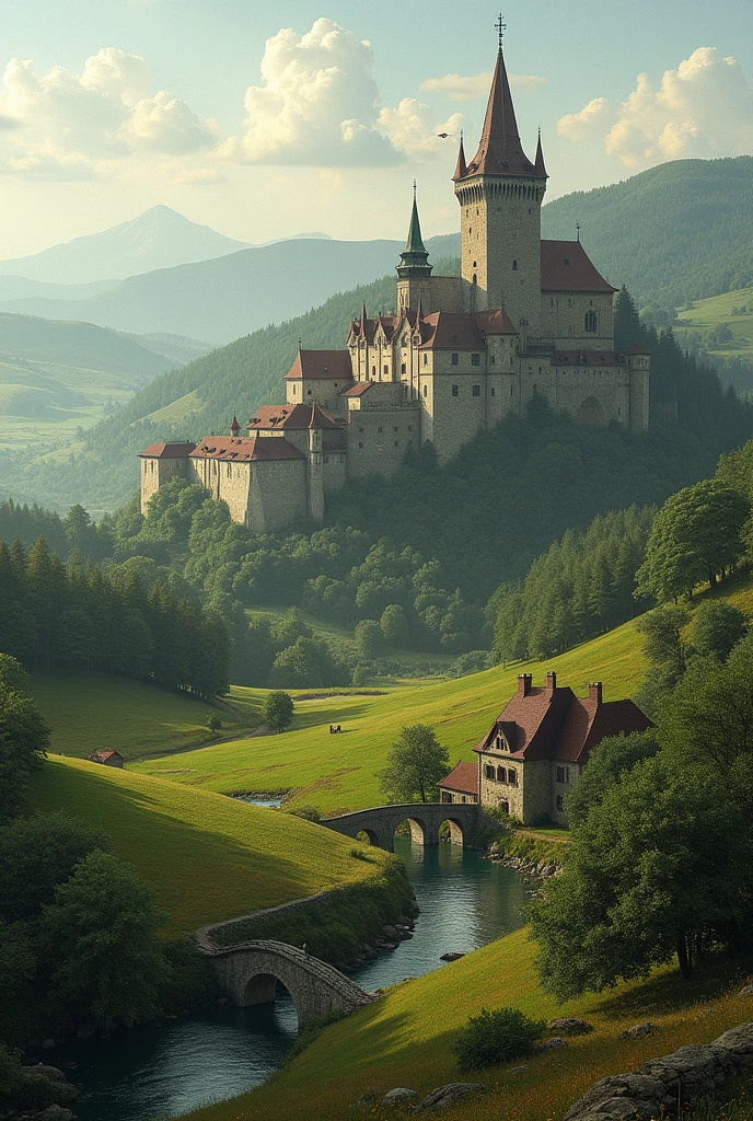 Create a realistic and detailed image of a 17th-century Hungarian landscape, highlighting the natural and architectural beauty of the era. The scene should include a vast rural setting, with verdant hills and open fields, Typical Hungarian landscape features. En el centro de la imagen, place a majestic medieval castle, with imposing towers and sturdy walls, reflecting the architecture of the time. Add elements like a stone bridge over a tranquil river, dense forests in the background and small villages with stone houses and thatched roofs. The atmosphere should convey a sense of tranquility and grandeur, with soft lighting and warm tones, that evoke the aesthetics of the time and the natural beauty of the region.