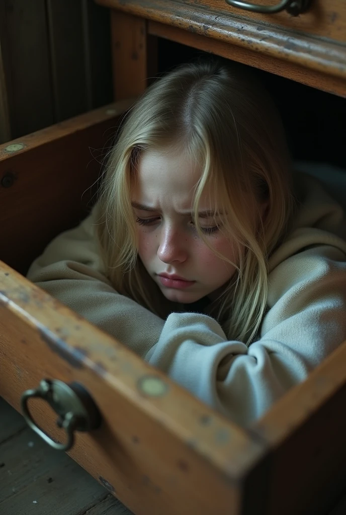 White girl, blonde, hidden in a big drawer crying