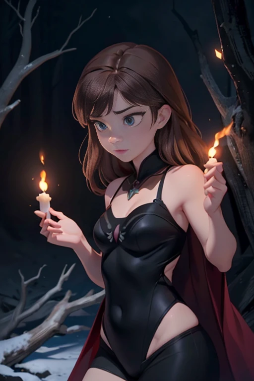 masterpiece, Highest quality, masterpiece, (One girl), (letter), Evil Witch, Dark Energy, Empty, Hollow Eyes, (an extremely evil), black magic, Dark Forest, Negative Energy, hell, Empty, performer, Brown Hair,Wearing a black high-cut swimsuit、Anna of Arendelle