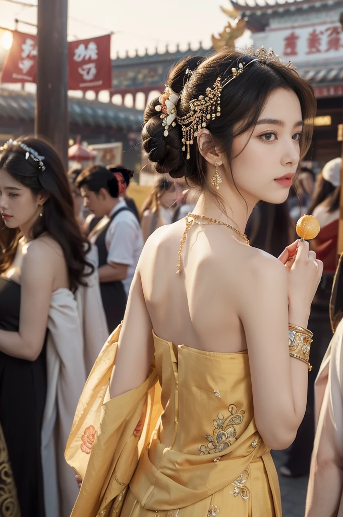 (((best quality))),(((ultra detailed))),(((masterpiece))),illustration,
((1 beautiful young girl,solo)),(bun hair:1.2)((slim,thin)),((small breasts,flat chest)),attractive, traditional Chinese attire,(Gorgeous and intricate headdress:1.3),((earrings,intricate necklace)),(strapless Exquisite embroidered maxi sleeveless sparkled dress:1.3),(standing:1.3),vibrant patterns, radiant complexion, joyful expression,(temple fair:1.3), bustling atmosphere, summer afternoon, sunny weather, cultural festival, street food, roasted skewers, steaming dumplings, sweet cotton candy, stalls, crafts, clothing, appreciative onlookers, sunset, ancient tradition, modern beauty, captivating scene, enchanting,(day scene:1.2),(surrounded by crowded crowds:1.3),((from back,upper body))