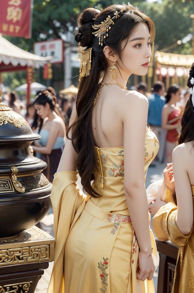 (((best quality))),(((ultra detailed))),(((masterpiece))),illustration,
((1 beautiful young girl,solo)),(bun hair:1.2)((slim,thin)),((small breasts,flat chest)),attractive, traditional Chinese attire,(Gorgeous and intricate headdress:1.3),((earrings,intricate necklace)),(strapless Exquisite embroidered maxi sleeveless sparkled dress:1.3),(standing:1.3),vibrant patterns, radiant complexion, joyful expression,(temple fair:1.3), bustling atmosphere, summer afternoon, sunny weather, cultural festival, street food, roasted skewers, steaming dumplings, sweet cotton candy, stalls, crafts, clothing, appreciative onlookers, sunset, ancient tradition, modern beauty, captivating scene, enchanting,(day scene:1.2),(surrounded by crowded crowds:1.3),((from back,upper body))