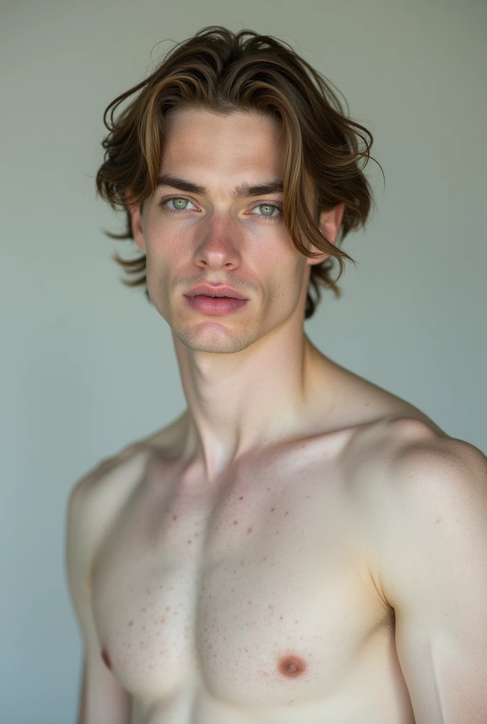 White male model with very very white skin, muscular, slender and sporty, medium-length light brown hair, green eyes, 