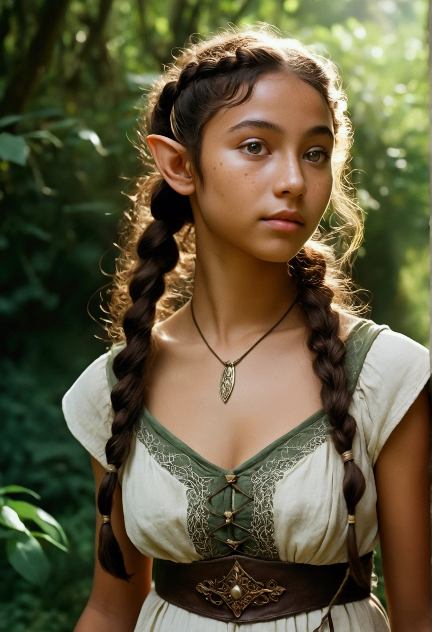 og film photo, photo of a young elven girl, 18 years old, elf ears, jade eyes, curly brunette ponytail, brown skin, freckles, Amazonian stature, voluptuous hourglass figure, bustom, nawaist, full hips, big plump buttocks, wearnen sun dress, strolling through a sunny fantasy landscape, RAW Photograph, dslr, soft lighting, high quality, film grain, Fujifilm XT3, detailed skin with visible pores, insane details, masterpiece, 8k, 35mm photograph, dslr, kodachrome, faded film, desaturated, grainy, vintage, Lomography, stained, highly detailed, found footage, close-up shot, elven ears