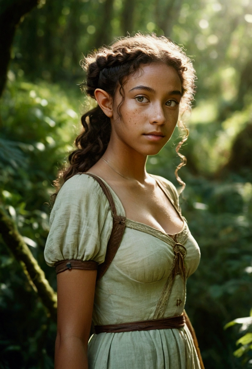 analog film photo, photo of a young elven girl, 18 years old, elf ears, jade eyes, curly brunette ponytail, brown skin, freckles, Amazonian stature, voluptuous hourglass figure, busty bosom, narrow waist, full hips, big plump buttocks, wearing a linen sun dress, strolling through a sunny fantasy landscape, RAW Photograph, dslr, soft lighting, high quality, film grain, Fujifilm XT3, detailed skin with visible pores, insane details, masterpiece, 8k, 35mm photograph, dslr, kodachrome, faded film, desaturated, grainy, vintage, Lomography, stained, highly detailed, found footage, close-up shot, elven ears

