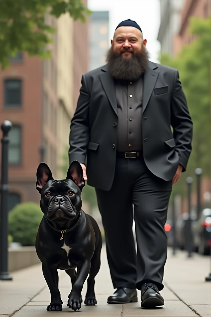 A black French bulldog walking with its owner wearing a suit and kippah, with beard, short and fat.