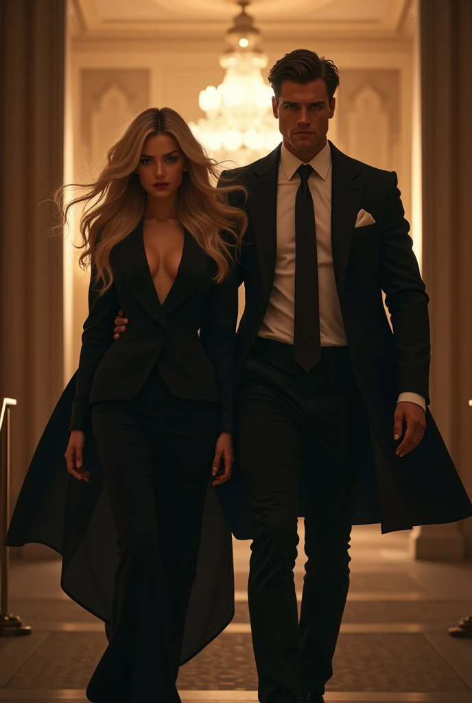 Create the image of a 22 year old blonde girl, blue eyes, clear skin, thick lips, slim, dressed like a major mafia boss, Together with her, she creates a 31-year-old boy, clear skin, eyes the color of honey, Brown hair, muscular, dressed in a black combat suit Create them making a dramatic entrance to an important place