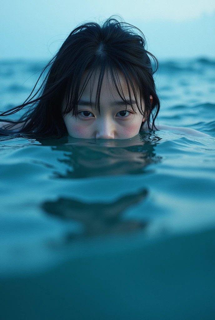 Sea Collapse, Blue tint, Depth Perception, Rough Water. The facial formation can be observed,japanese woman