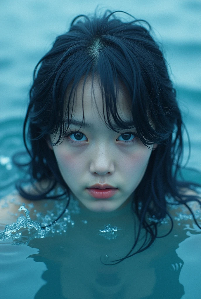 Sea Collapse, Blue tint, Depth Perception, Rough Water. The facial formation can be observed,japanese woman