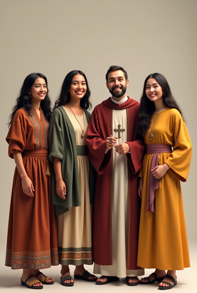 4 people from different cultures and beliefs smiling and looking at the camera, Between them: an indigenous person, an evangelical, a priest and a saint mother