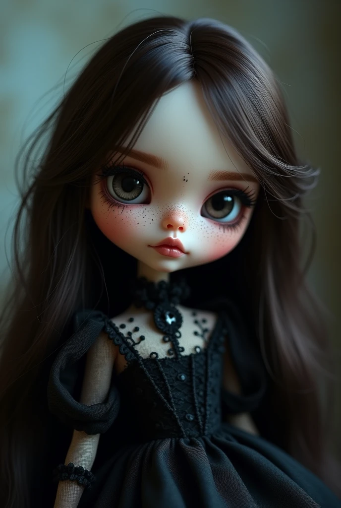 Blythe doll with long dark brown hair, black eyes, white skin with many freckles and moles, pink lips and black gothic-style clothing
