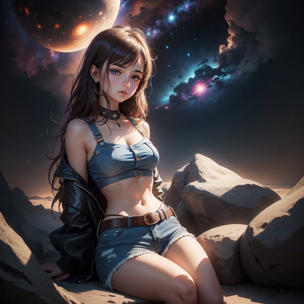 spherical body A captivating digital painting of a young woman sitting cross-legged on a reflective surface under a star-filled sky. She has a delicate, thoughtful expression, with large, soft eyes and slightly flushed cheeks. She is wearing a simple white crop top that reveals her midriff, paired with denim shorts. A stylish brown leather belt with a prominent golden buckle rests around her waist. The background is a mystical, mountainous landscape illuminated by a cosmic nebula and distant stars. Glowing orbs of light float around her, adding to the ethereal and dreamlike atmosphere. The overall scene blends elements of fantasy and science fiction, creating a serene yet mysterious mood."