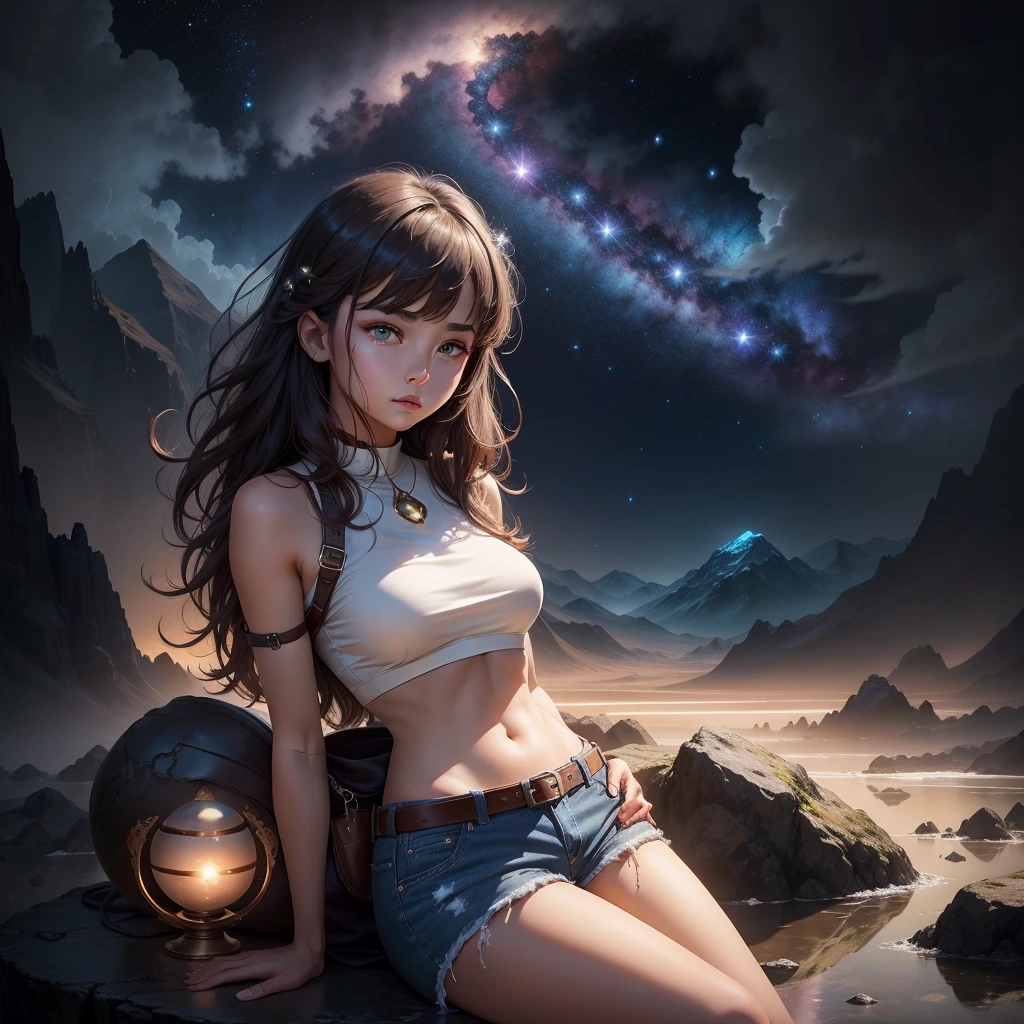 spherical body A captivating digital painting of a young woman sitting cross-legged on a reflective surface under a star-filled sky. She has a delicate, thoughtful expression, with large, soft eyes and slightly flushed cheeks. She is wearing a simple white crop top that reveals her midriff, paired with denim shorts. A stylish brown leather belt with a prominent golden buckle rests around her waist. The background is a mystical, mountainous landscape illuminated by a cosmic nebula and distant stars. Glowing orbs of light float around her, adding to the ethereal and dreamlike atmosphere. The overall scene blends elements of fantasy and science fiction, creating a serene yet mysterious mood."