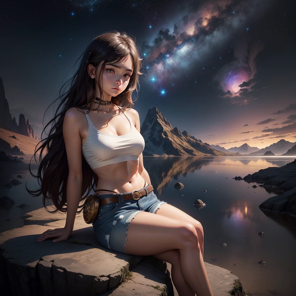spherical body A captivating digital painting of a young woman sitting cross-legged on a reflective surface under a star-filled sky. She has a delicate, thoughtful expression, with large, soft eyes and slightly flushed cheeks. She is wearing a simple white crop top that reveals her midriff, paired with denim shorts. A stylish brown leather belt with a prominent golden buckle rests around her waist. The background is a mystical, mountainous landscape illuminated by a cosmic nebula and distant stars. Glowing orbs of light float around her, adding to the ethereal and dreamlike atmosphere. The overall scene blends elements of fantasy and science fiction, creating a serene yet mysterious mood."