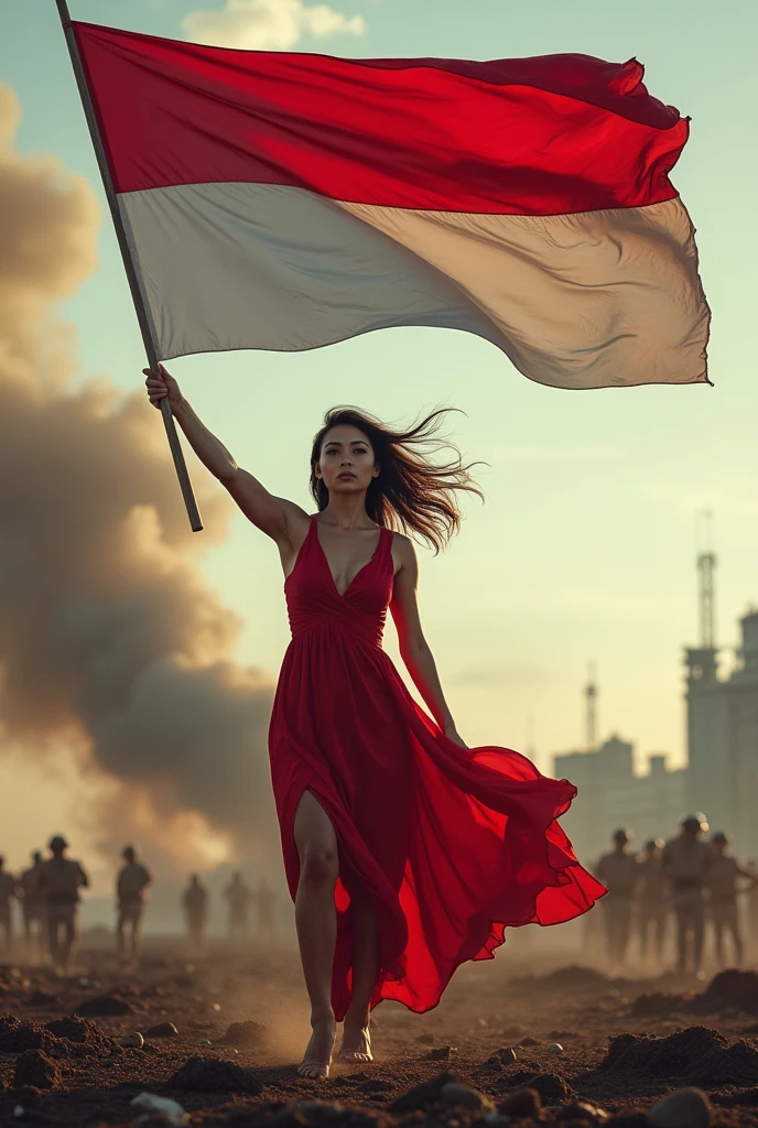 A sexy woman in a torn red dress waves the Indonesian flag on the battlefield, cheered on by the strong wind.