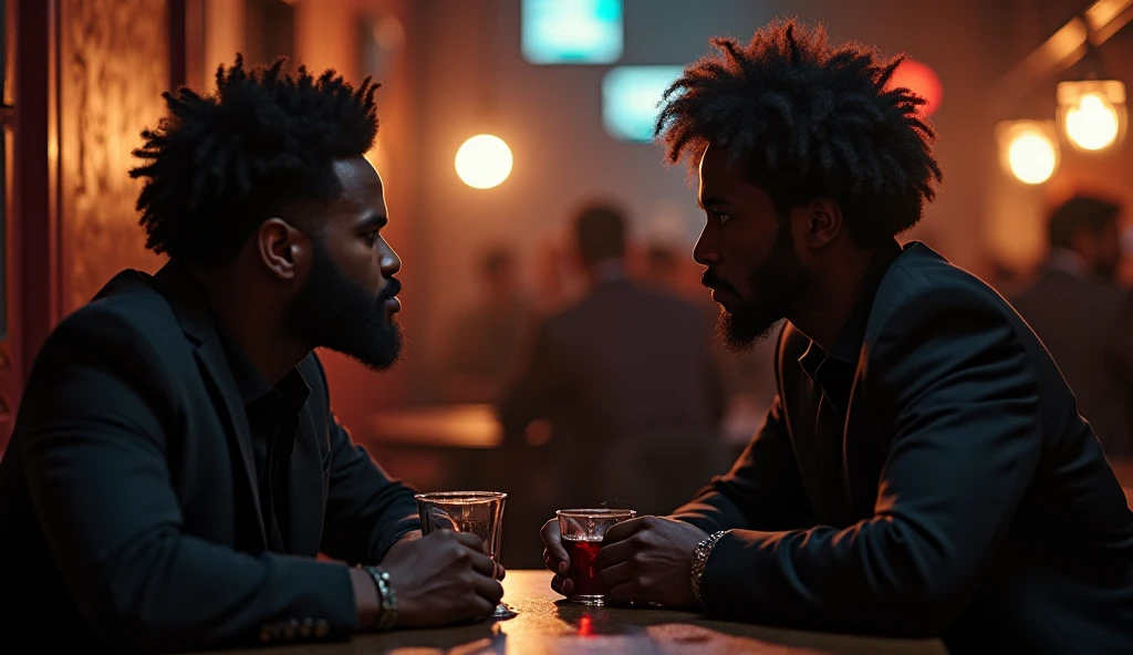 génère moi une image qui mets en évidence cette phrase avec des personnages noirs "contexte :Pendant ce temps, Cyrus et Rozaill m'agoule dans un rue discrète continuaient à manipuler les résultats grâce à une série de pots-de-vin et de menaces dans les coulisse des salle de jeux. Personnages :
Cyrus : Un homme africain imposant avec des traits perçants et une expression réfléchie, connu pour sa ruse et son esprit vif. Rozaill : Un jeune homme africain, concentré et déterminé. fred: organisateu des jeux de paris sportif qui n'a aucun scrupule