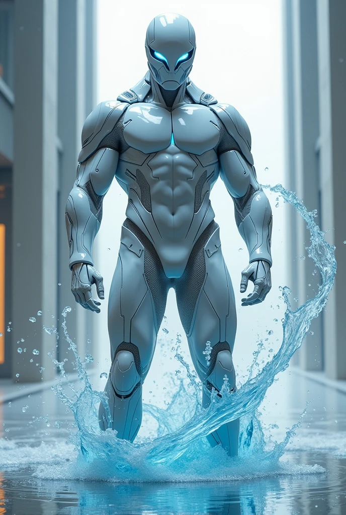 Make a strong man with a white suit and a bit of blue in a futuristic style, with a futuristic mask with electrical powers, do it by fighting against a being of pure water, Your body is already made of water