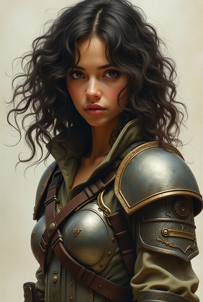 Make a fantasy style drawing of an innocent and delicate woman , olive skin color, 3B curly hair, brown eyes with war clothes