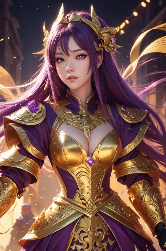 Close-up of a woman in a gold and purple dress, Chengwei Pan at Art Station, Jan J, Detailed fantasy art, Amazing character art, Fan Art Best Art Station, Magnificent and elaborate character art, Beautiful Armor, Highly detailed art, Detailed digital anime art, Art Station pixiv&#39;s artgerm, Girl in armor