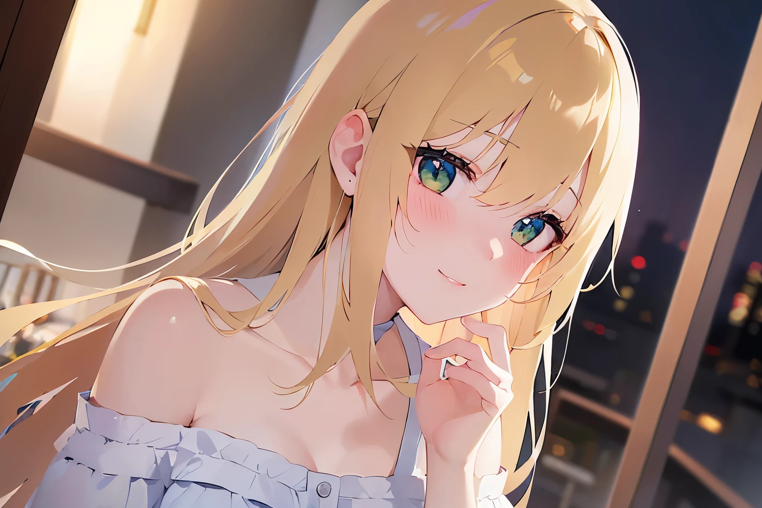 hand on own chest、looking up, Upper Body, Realistic, real person, (pale skin: 1.2), RAW photo, photorealistic, shiny skin, shiny hair、(A 25-year-old woman with medium-length hair and bangs) and (wavy hair) and (Blonde Hair) and (green eyes) , (white) and (off shoulder blouse) 、smile, (blush:1.5), The background is the interior of a restaurant at night.、Alone、Are standing