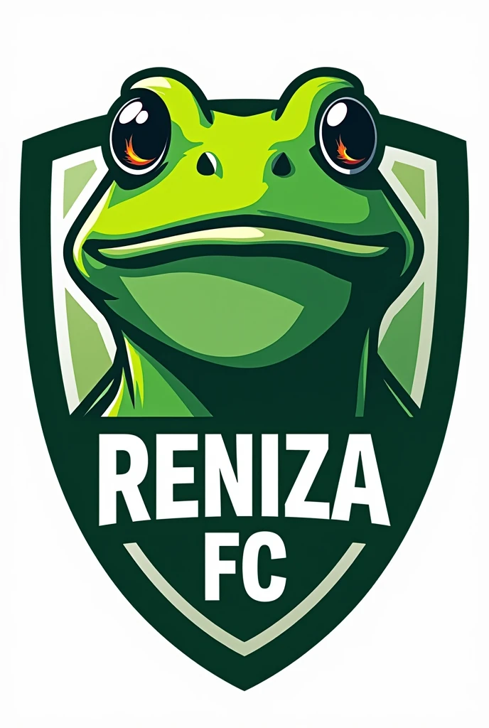 Create a soccer shield with a green frog logo, but only its head and also put RENIZA FC
