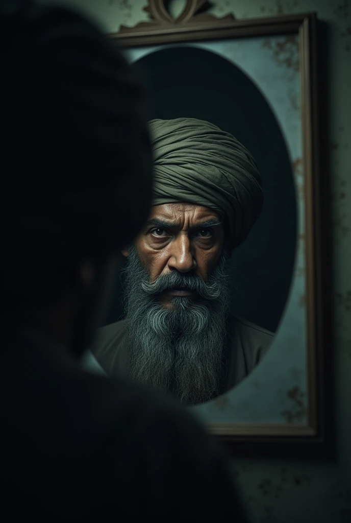 A close-up shot of the mirror frame, and the face of the silent man with beard and turban in it
For horror story