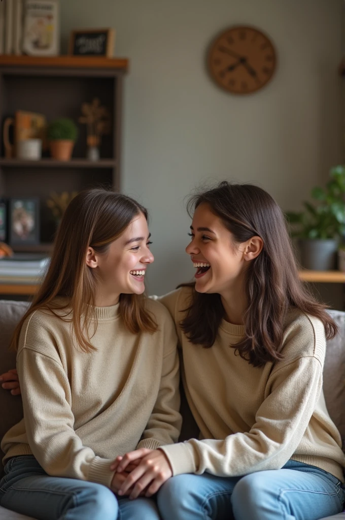create a photo of a 21 year old girl in the house playing with her 18 year old little sister.
