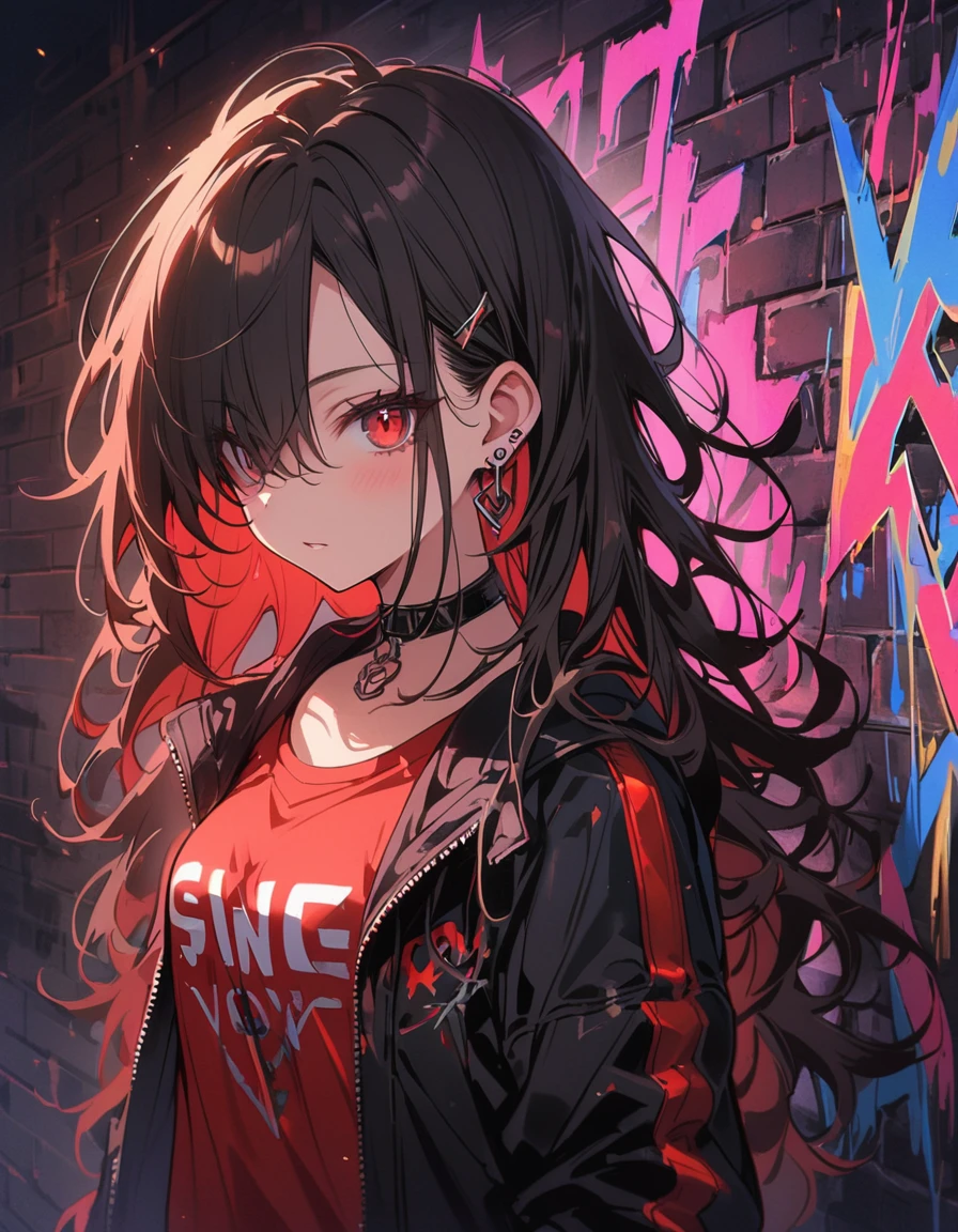 Highest quality, Intricate details, chromatic aberration, 
One person, Long Hair, Black Hair, Messy Hair, Red highlights, Hair on one eye, Red eyes, Sharp eyes, 
choker, Neon Shirt, Torn legwear, Open jacket, 
Against the wall, Brick wall, graffiti, Shineing grafiti, Shineing tattoos, Shine, Neon Light, 
Black light,