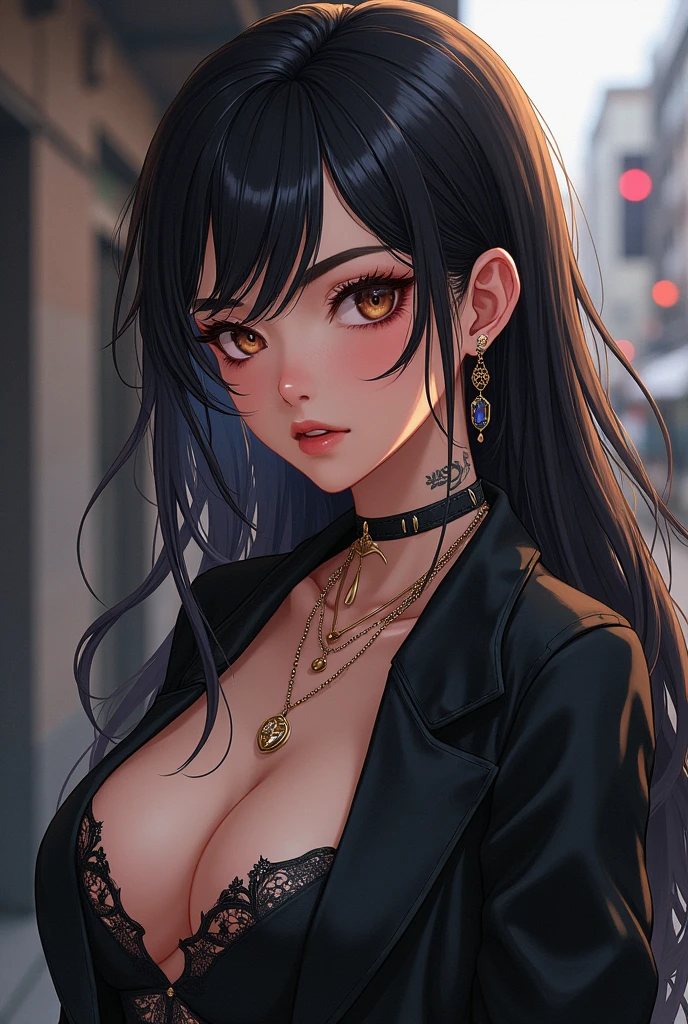 high resolution, 1 anime woman, hips up, Beautiful eyes, Long hair, jewelry, tattoo, street wear