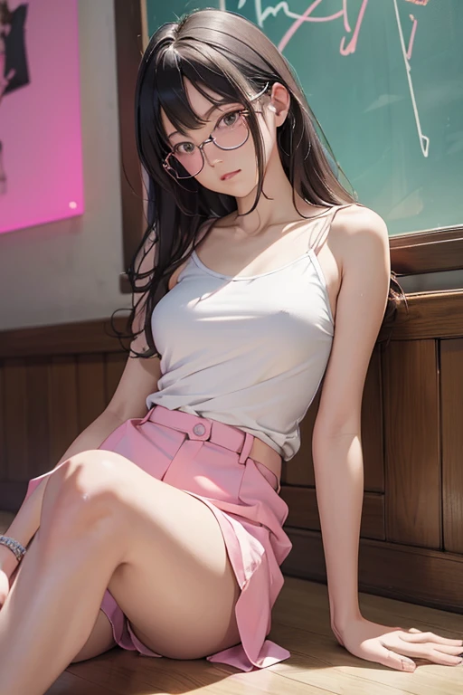 Highest quality、masterpiece、High sensitivity、High resolution、Detailed Description、Slender women、Glasses、White camisole、Sitting on the floor、Pink neon lights、In the room、