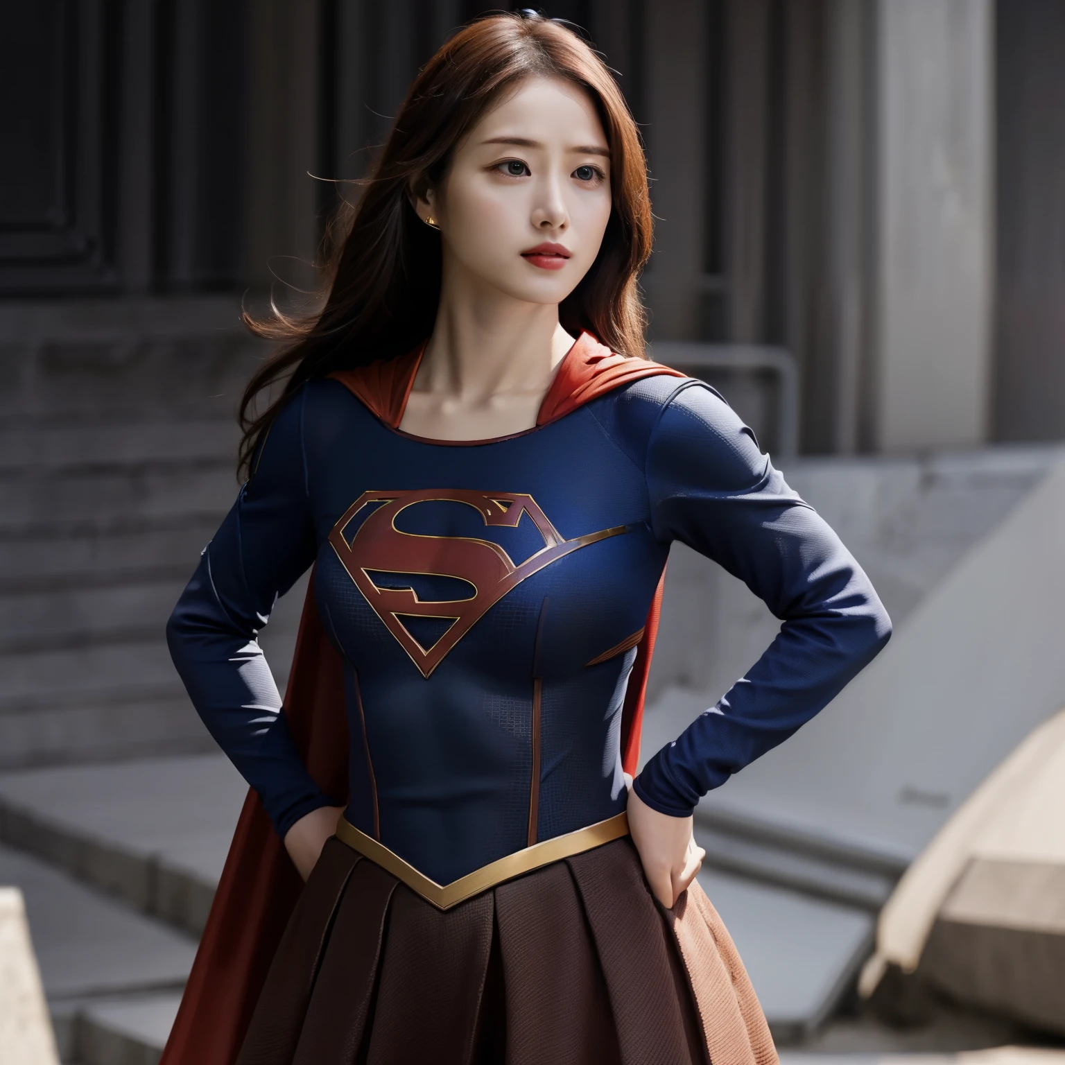 Supergirl, Serious face, Standing straight with both hands on their hips, Black Hair, front, 