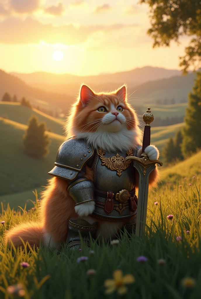 Create an image of a fluffy cat wearing medieval armor with its sword beside it on a mound with vibrant grass and beautiful trees at sunset, enjoying the scenery of multiple grassy hills like those in Switzerland.