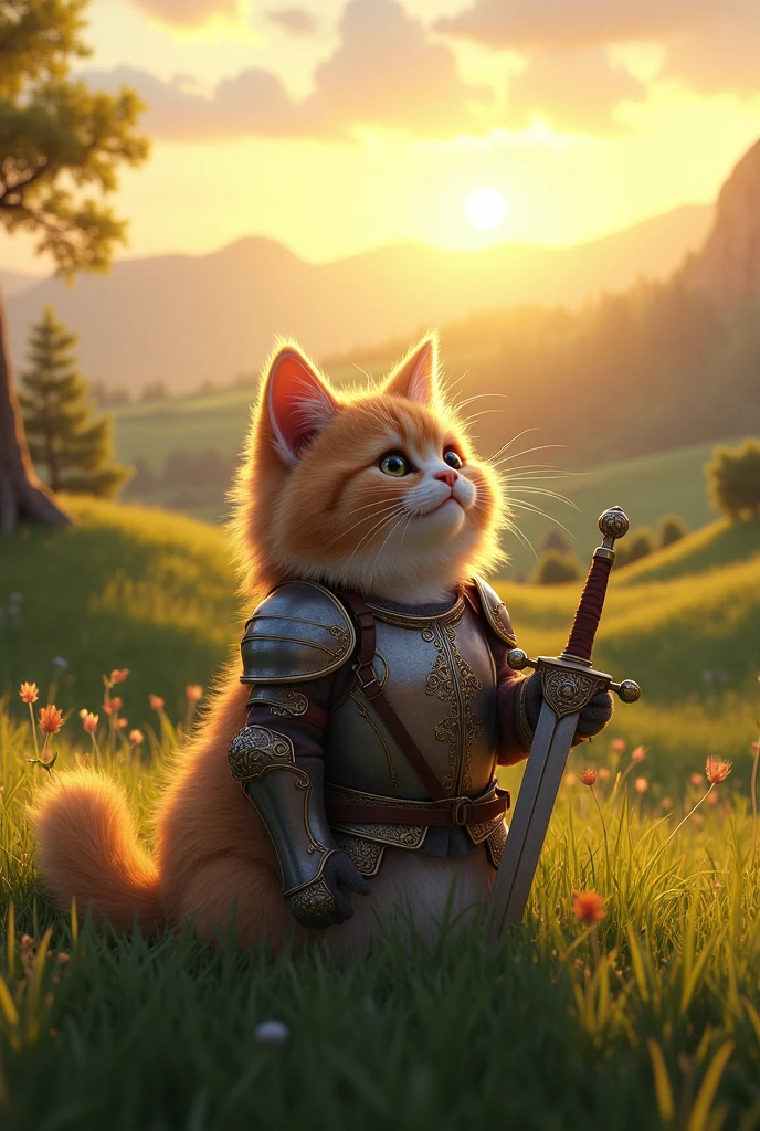 Create an image of a fluffy cat wearing medieval armor with its sword beside it on a mound with vibrant grass and beautiful trees at sunset, enjoying the scenery of multiple grassy hills like those in Switzerland. 
