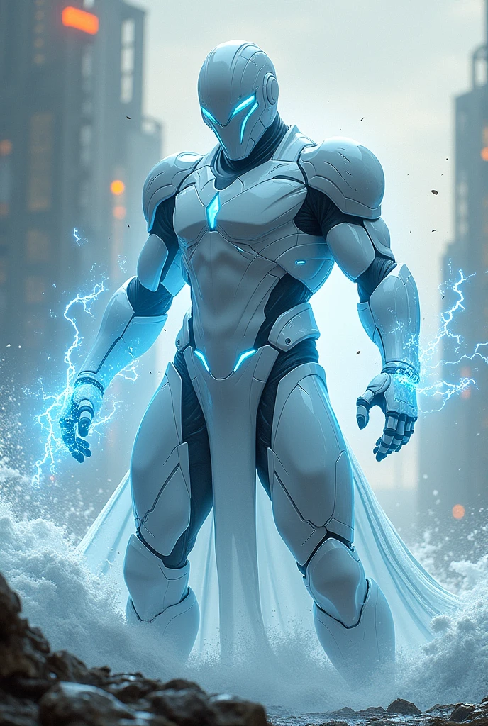 Make a strong man with white armor and a bit of blue futuristic style, with a futuristic helmet or mask , with electric powers, do it by fighting against a being of pure water, Your body is already made of water
