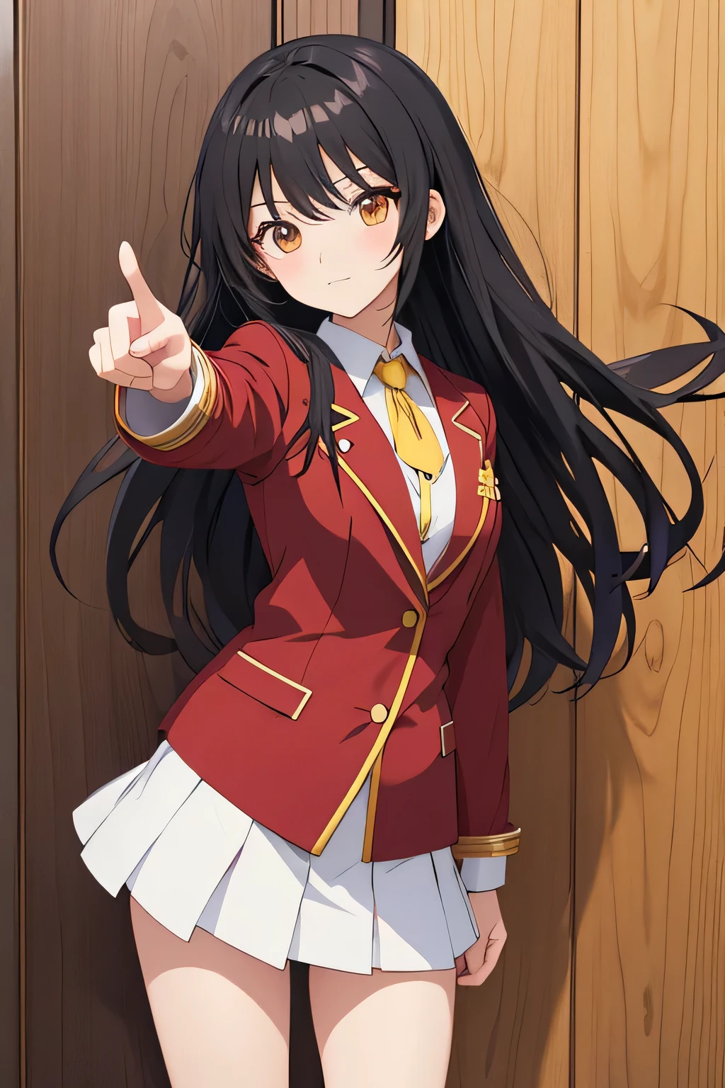 anime girl pointing at something, anime style flat shading, long straight black hair, brown eyes, anime pose, anime moe art style, with index finger, red jacket with lapels and yellow buttons, white plank miniskirt, door background a school and wall