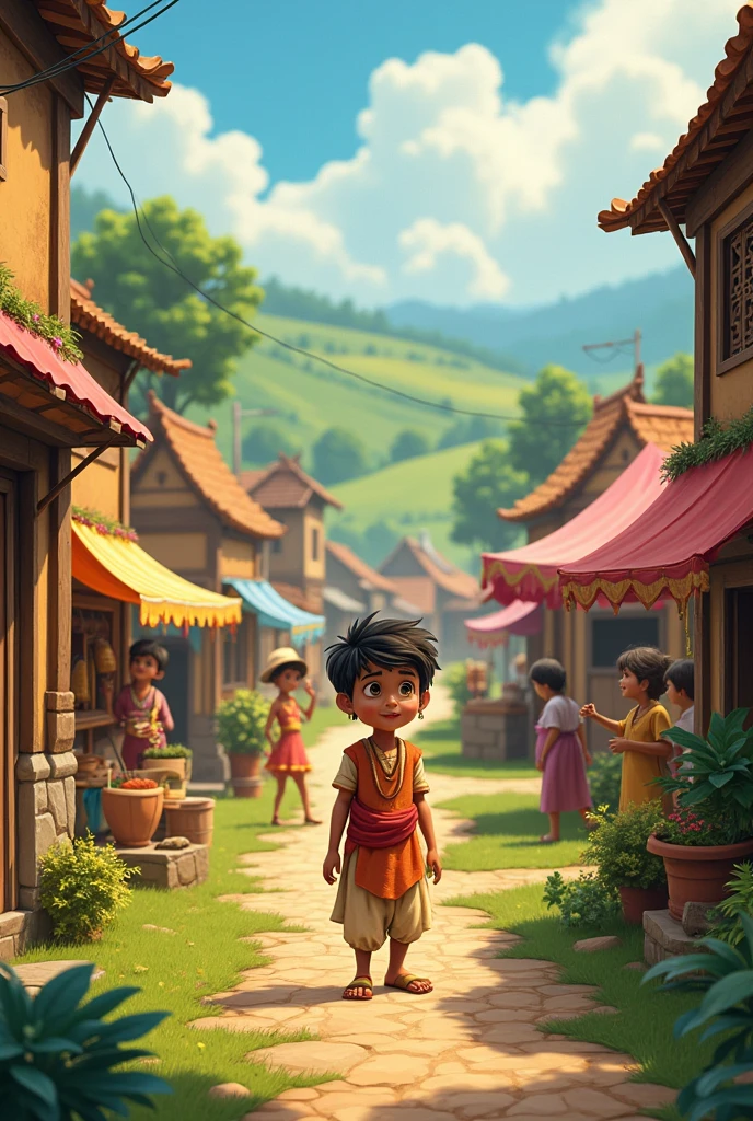 Describe the small village where the boy Arjun lives, highlighting its simplicity and the upcoming fair that brings excitement to the village.