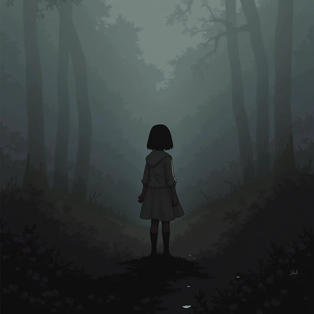 solitary girl standing at the edge of a dark, fog-covered forest, her back to the viewer. The shadows around her are filled with faint, ominous shapes, hinting at the hidden dangers lurking in the darkness. The color palette is muted, with deep blues, purples, and blacks creating an eerie, otherworldly atmosphere.