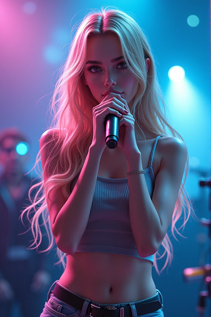 KPOP girl with blonde hair, dark brown eyes, mic in hand, stage background 