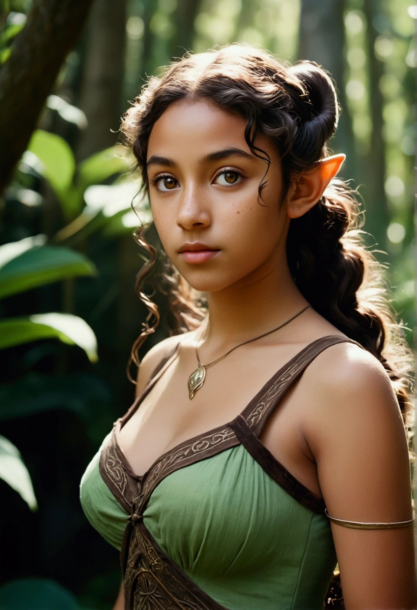 analog film photo, photo of a young elven girl, 18 years old, elf ears, jade eyes, curly brunette ponytail, brown skin, freckles, Amazonian stature, voluptuous hourglass figure, busty bosom, narrow waist, full hips, big plump buttocks, wearing a linen sun dress, strolling through a sunny fantasy landscape, RAW Photograph, dslr, soft lighting, high quality, film grain, Fujifilm XT3, detailed skin with visible pores, insane details, masterpiece, 8k, 35mm photograph, dslr, kodachrome, faded film, desaturated, grainy, vintage, Lomography, stained, highly detailed, found footage, close-up shot, elven ears