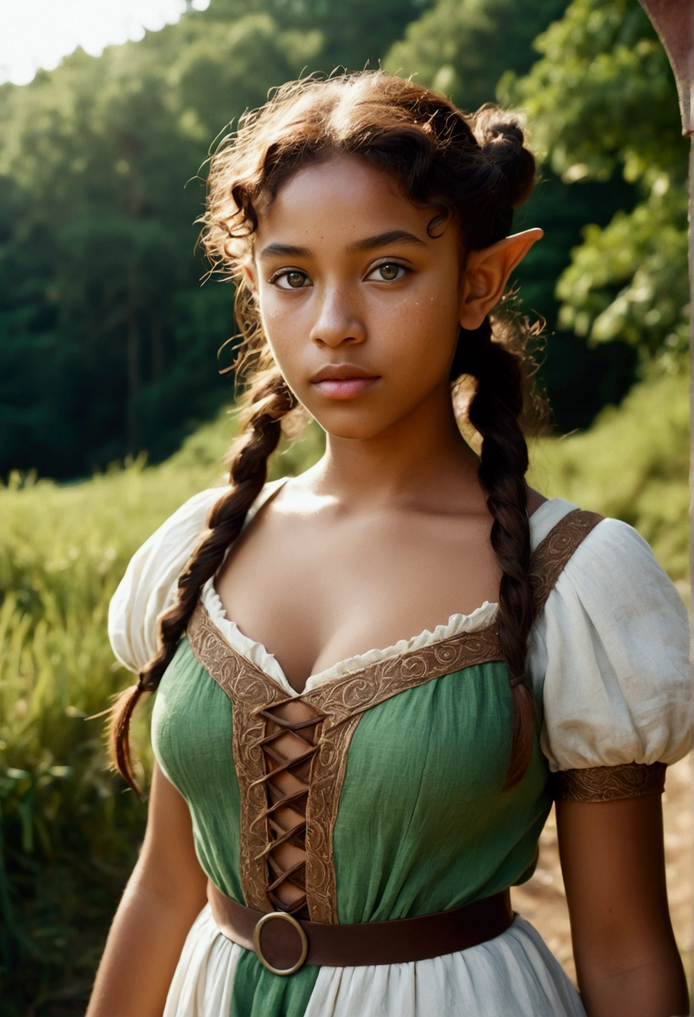 analog film photo, photo of a young elven girl, 18 years old, elf ears, jade eyes, curly brunette ponytail, brown skin, freckles, Amazonian stature, voluptuous hourglass figure, busty bosom, narrow waist, full hips, big plump buttocks, wearing a linen sun dress, strolling through a sunny fantasy landscape, RAW Photograph, dslr, soft lighting, high quality, film grain, Fujifilm XT3, detailed skin with visible pores, insane details, masterpiece, 8k, 35mm photograph, dslr, kodachrome, faded film, desaturated, grainy, vintage, Lomography, stained, highly detailed, found footage, close-up shot, elven ears