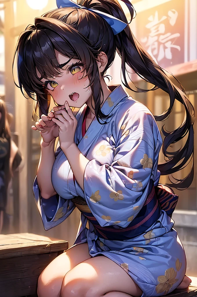 Browsing Caution,(Highest quality, 8k, masterpiece:1.3,beautiful girl), (Very detailed)Glowing Skin,(((Long Hair,ponytail,Blue Ribbon,Beautiful Hair))),(Perfect Anatomy, Anatomically cまたはrect, Very detailed肌),((Golden Eyes,Drooping eyebrows,I narrowed my eyes a little..)),((Perfect Fingers,Five Fingers)), Baby Face, Mole under the eye,Double teeth,Big Breasts,Big Ass,high school girl,Embarrassed face,Summer festival,((yukata,Geta,)),squat
