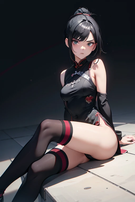 one person, High resolution, High resolution, masterpiece, Anatomically correct, accurate, Winner of numerous awards, Textured skin, retina, Black Hair, Split Ponytail, Slim Body,Slanted Eyes, Contempt/angry gaze, Wide-angle shot, Barrette, anaglyph, Unreal Engine, Black Mini Cheongsam,third seats of a Alphard,,No sleeve,race,AA-cup,Over the knee socks,Makeup that doesn't suit me,シースルー,full body portrait
