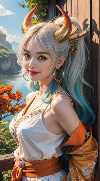 masterpiece, ((Very detailed背景, Delicate pattern, Intricate details)), (Very detailed, Quality down to the last detail,Beautiful Light Indium Breasts, Slim girl, very Slim girl))), (close, Portraiture),  Yamato V2, Long Hair, One person, horn, Gray Hair, alone, They are, red horn, curled horn, hair ornaments, (multicolored horn), jewelry, Earrings, kimono, kimono, Hairpin, No sleeve, Exposing shoulders, Aqua Hair, Side Lock, hoop Earrings, In the same way, smile, wide smile, ((Orange eyes)), Complex and detailed background, outside, natural environment, rock, sunny, blue null, null,