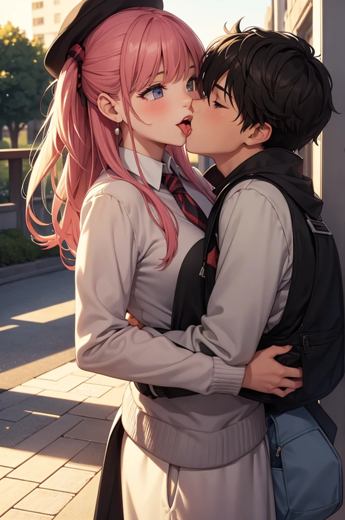 1girl, 1boy, kiss, tongue out
