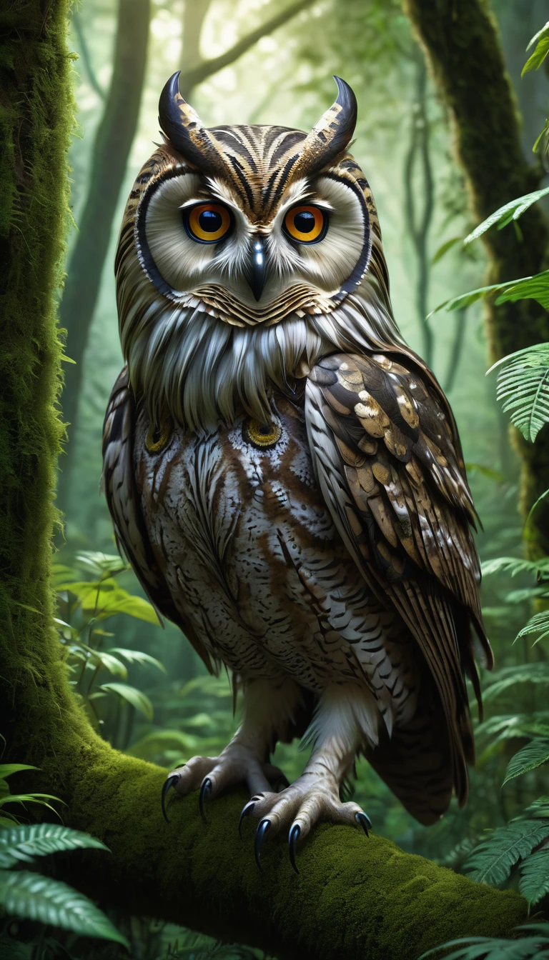 a four-eyed humanoid creature with an owl body, in a lush forest, highly detailed, (best quality,4k,8k,highres,masterpiece:1.2),ultra-detailed,(realistic,photorealistic,photo-realistic:1.37),extremely detailed animal, intricate patterns, realistic lighting