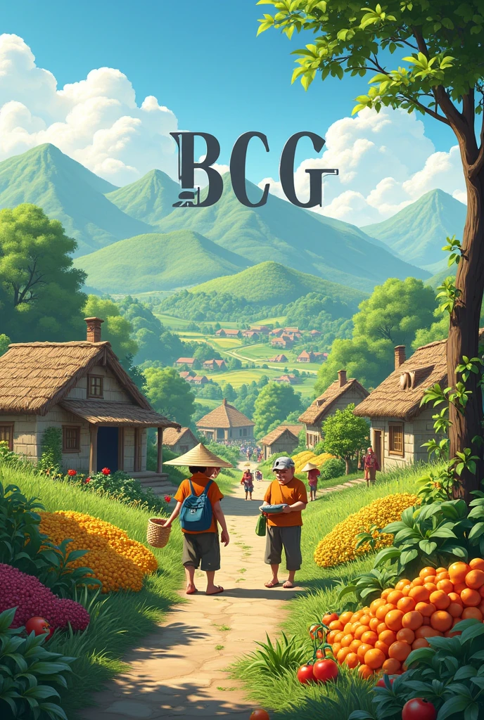 The village with people farming has agricultural products. There is a BCG logo in nature, realistic in shape. The text 'BCG' is written in the sky.